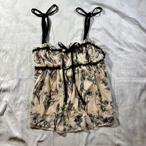 Ivory & Black Floral Print Peasant Style Tank Top with Adjustable Black Straps